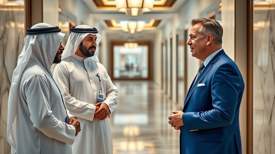 Man in blue suit discusses with two men in UAE attire, marble hallway.