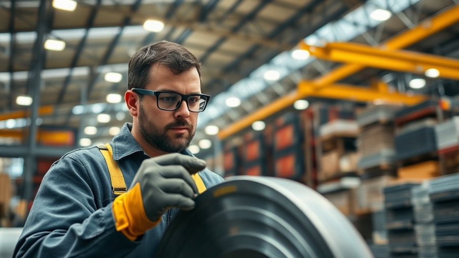 Worker wearing cut level safety gloves inspecting metal in warehouse.