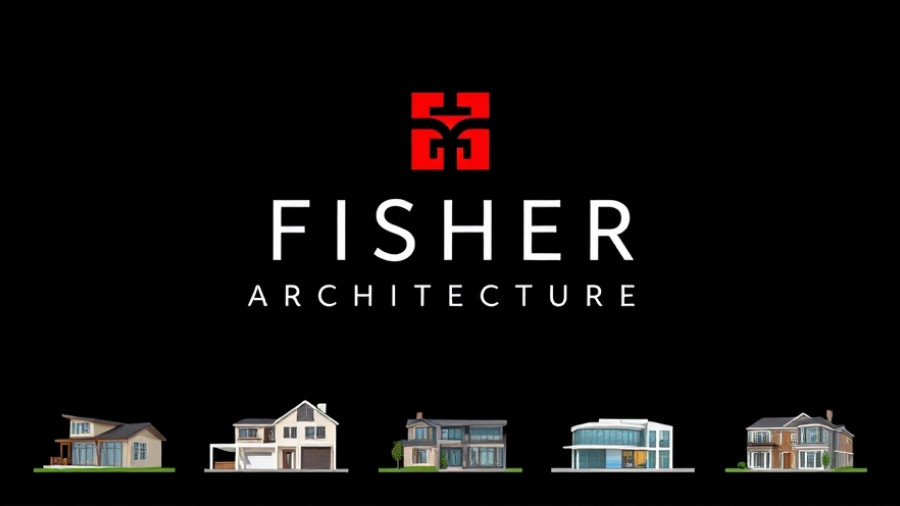 Fisher Architecture logo with building designs, modern branding.