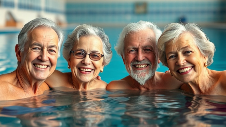 Happy older adults enjoying water exercises for knee osteoarthritis relief.