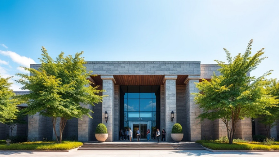 Modern New Jersey women's prison entrance with stone columns.
