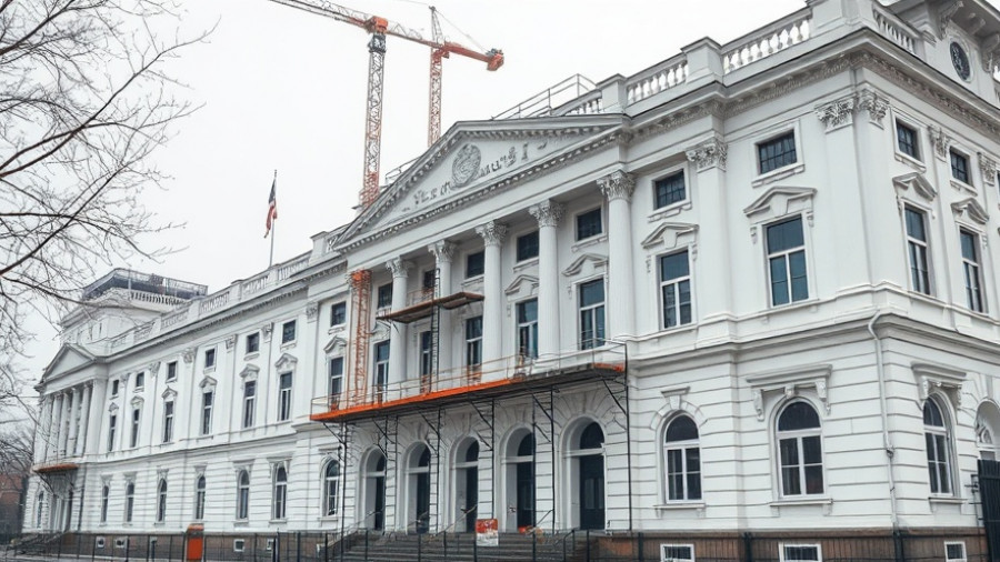 Historic building renovation with construction equipment, highlighting architectural risks.