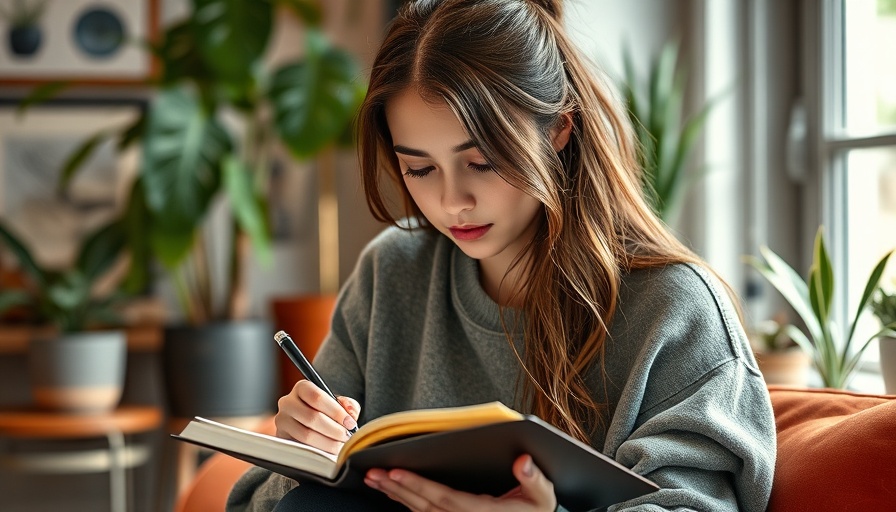 Young woman writing by the window, creating a guided meditation script.