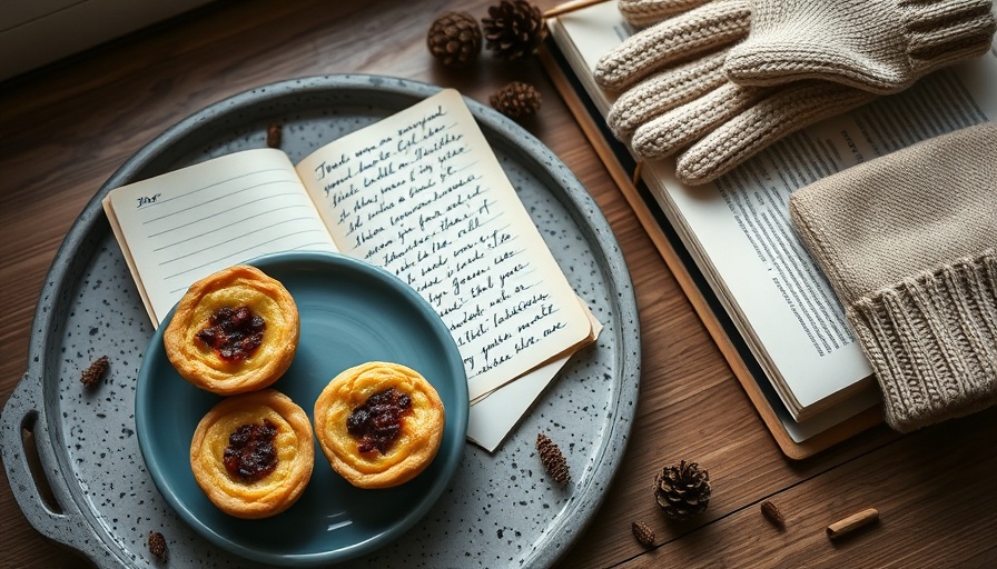 Winter writing prompts scene with notebook, mince pies, and open book.