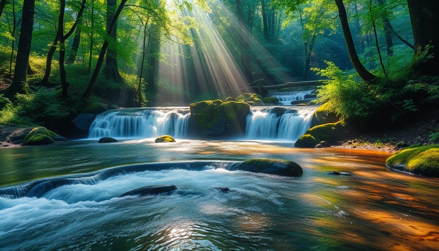 Tranquil forest stream waterfall, serene environment for mindful breathing.