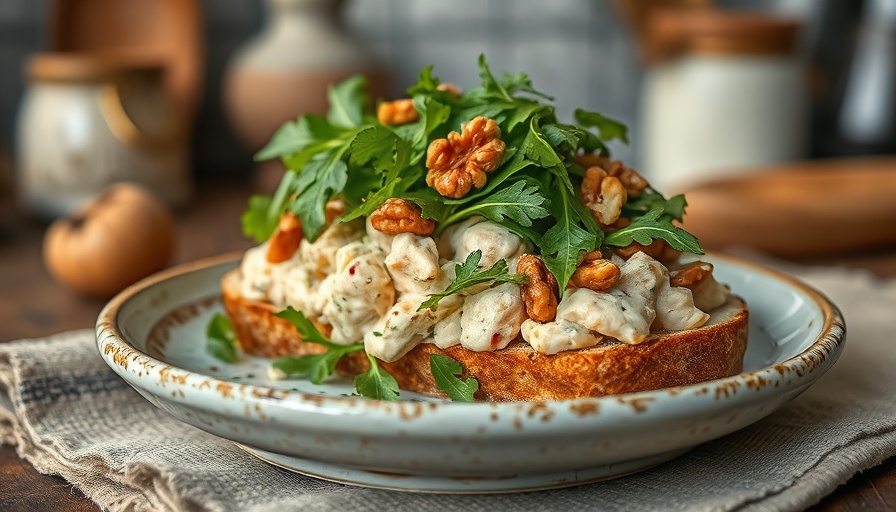 Chicken salad sandwich with fresh arugula and walnuts on rustic plate.
