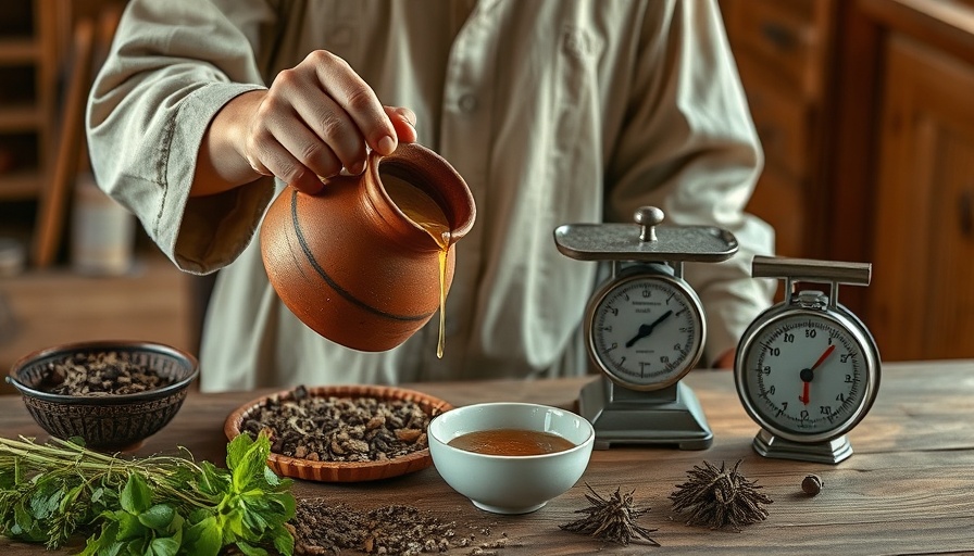 Traditional medicine practices with herbal preparation and balance scale.