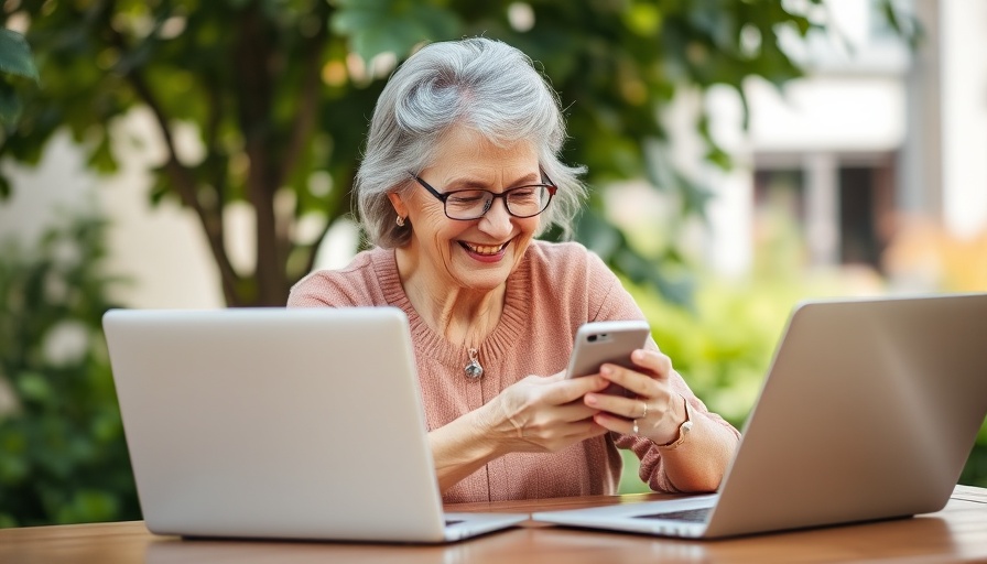 Older woman smiling at smartphone with laptop, AI to improve health.