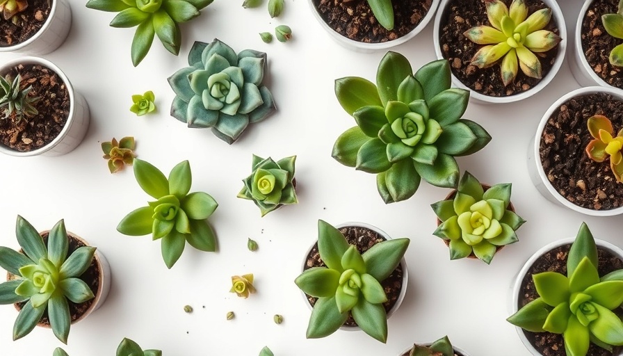 Succulents arranged for propagation on white surface, various stages.