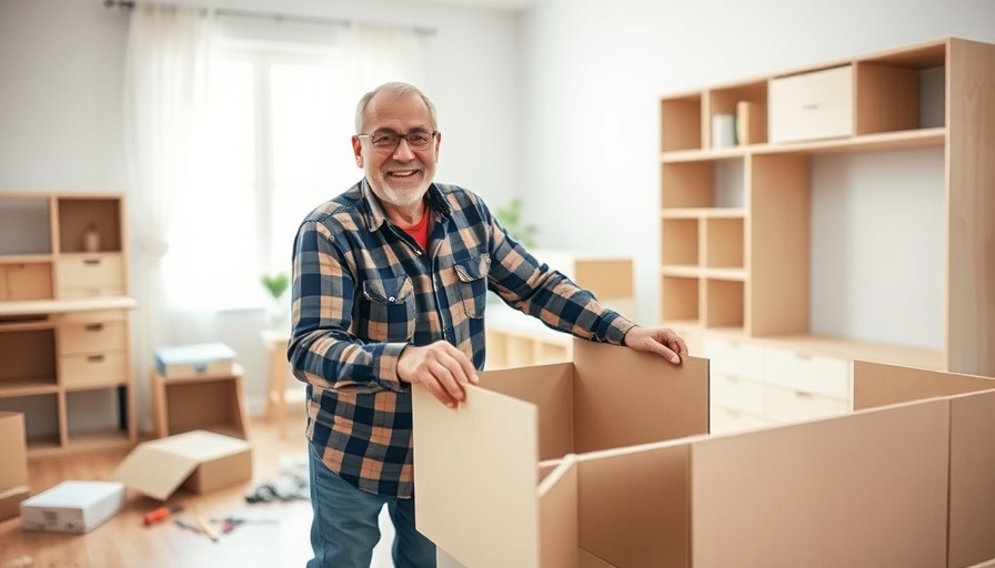 Man managing renovation stress by assembling furniture in bright room.