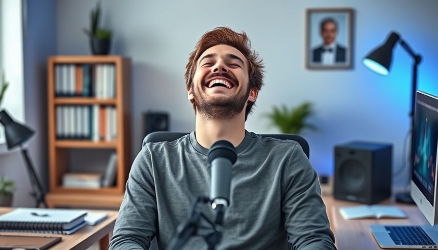 Joyful person in modern office with blue lighting