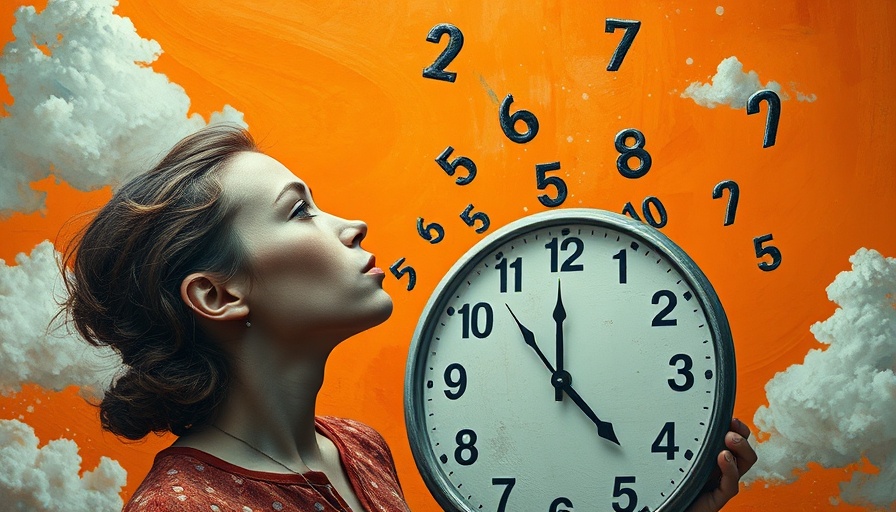 Surreal image of woman blowing numbers from a clock, symbolizing time.