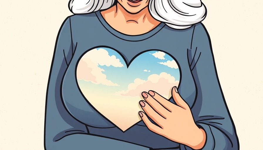 Cartoon woman embracing self, loving the aging girl in the mirror.