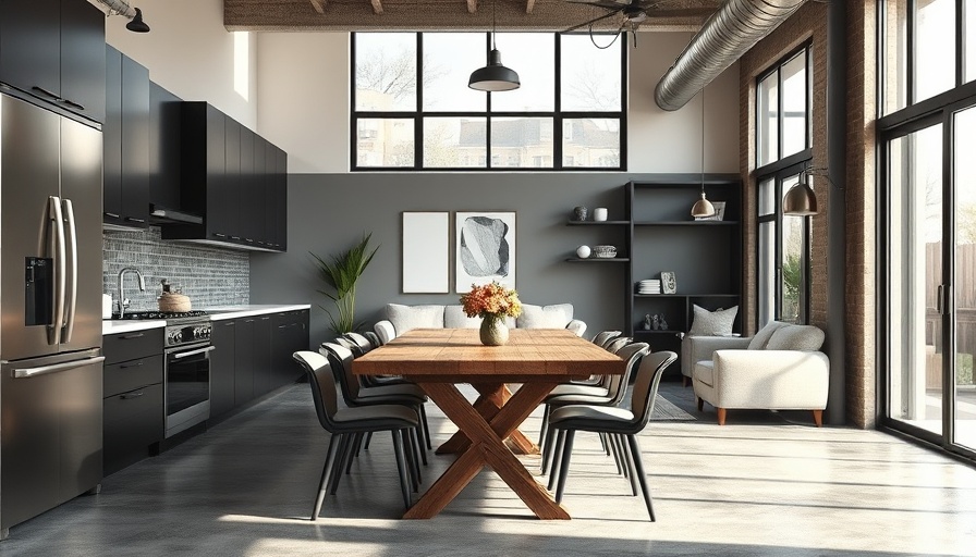 Modern apartment kitchen and dining area with large windows
