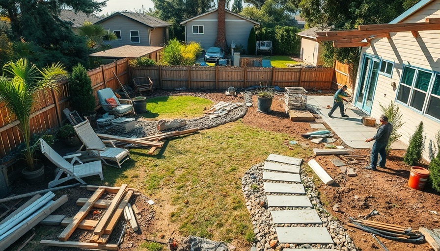 Backyard landscaping updates in progress, construction scene.