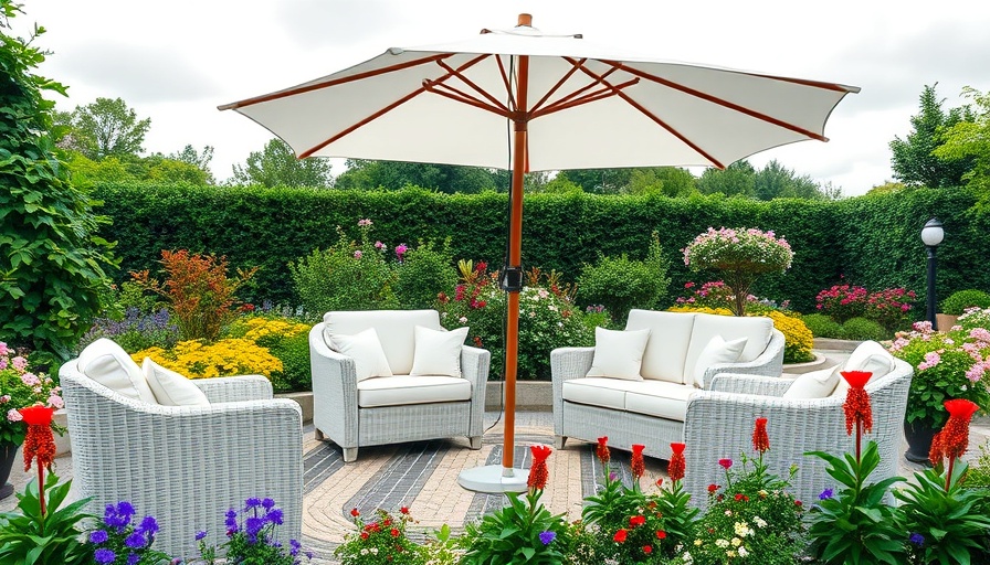 Affordable outdoor furniture in a garden setting with umbrella.