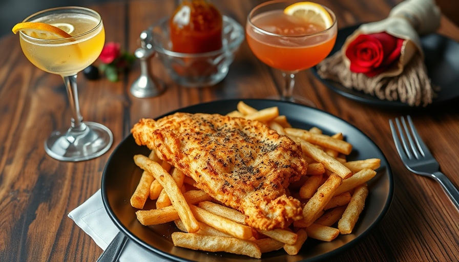Elegant brunch setup with catfish, fries, and cocktail at Dallas brunch.
