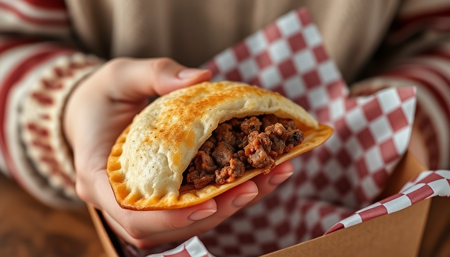 Hand holding beef empanada in Dallas shop.