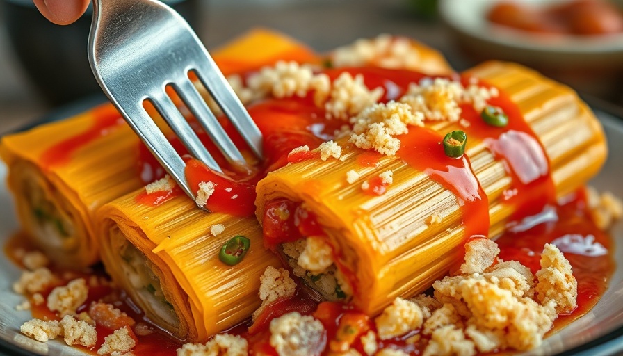 Delicious tamales at Mico Rodriguez Food Hall Dallas with vibrant sauce.