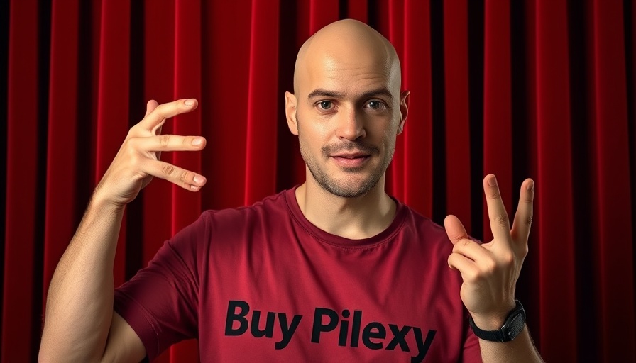 Bald man in 'Buy Pilexy' shirt posing against red curtain.