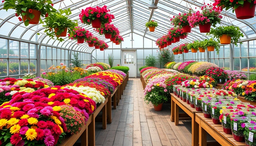 Dallas-area nursery greenhouse with colorful spring flowers.
