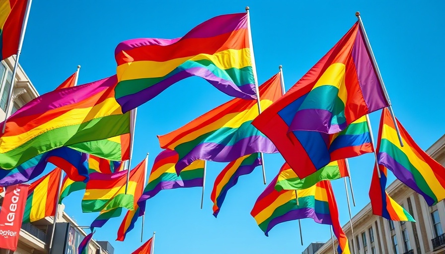 Colorful Pride flags waving against a clear blue sky, symbolizing vibrant support.