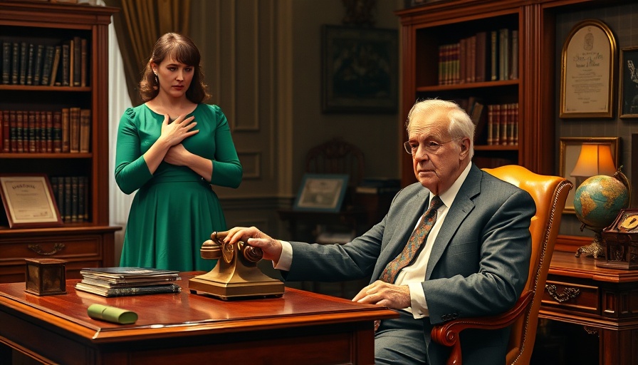Theatrical scene in office with elderly man and woman in 'Prescription for Murder Duncanville'.