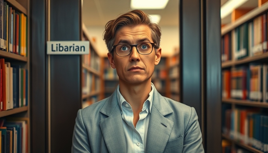 Concerned librarian at door in library, books around.