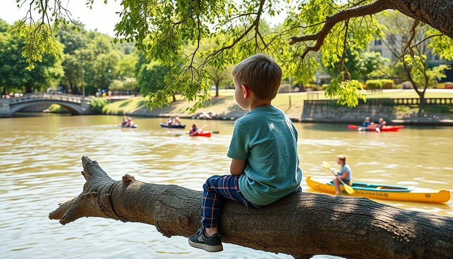 Young boy watching kayaking on Texas river, bright scenic view
