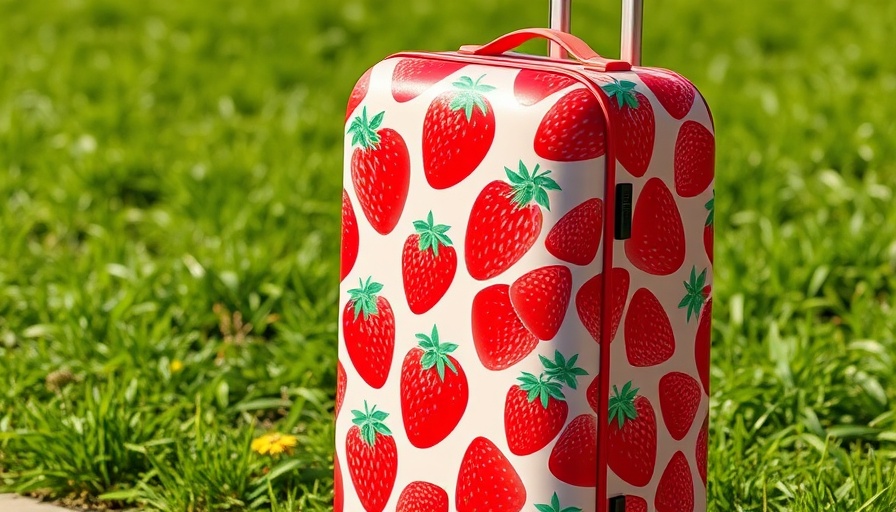 Strawberry-patterned carry-on luggage on bright green grass, best carry-on luggage 2024