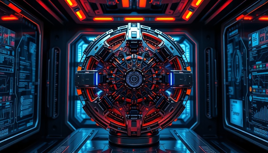 Futuristic quantum computing facility with vibrant colors.