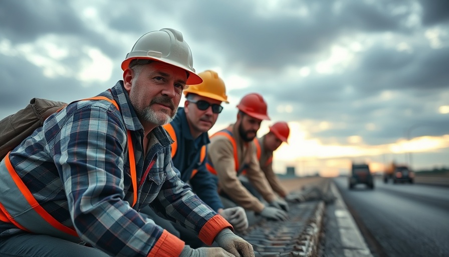 Construction workers on road at dawn.