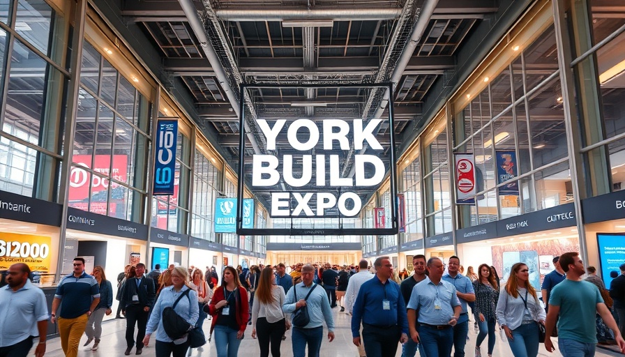 Attendees entering New York Build Expo at vibrant exhibition.