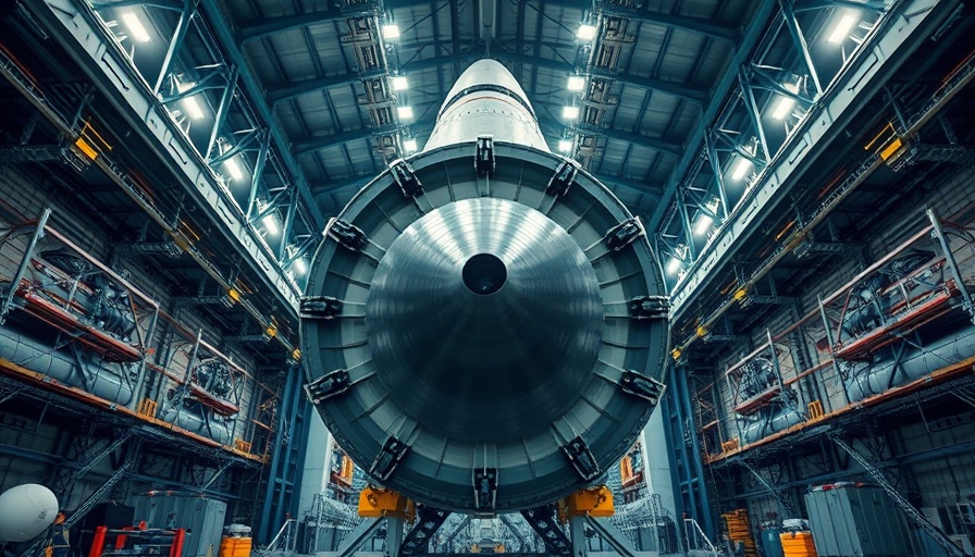 Detailed view of Artemis II rocket in assembly hangar.