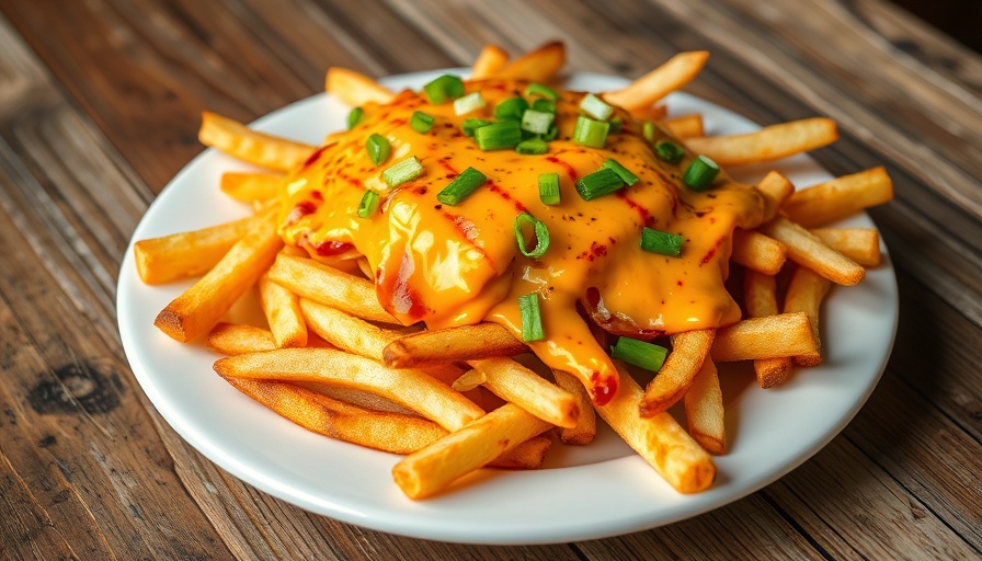 Delicious cheese-loaded fries on Maple Leaf Diner Spring Menu, vibrant garnishes.