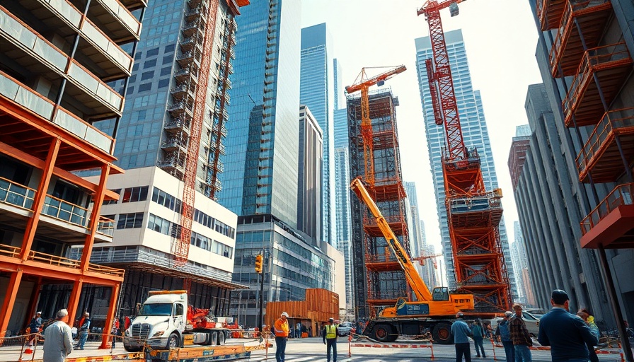 Construction workers using crane at busy site amid construction materials.