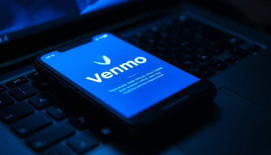 Venmo app on phone screen over laptop, blue cyberlight.