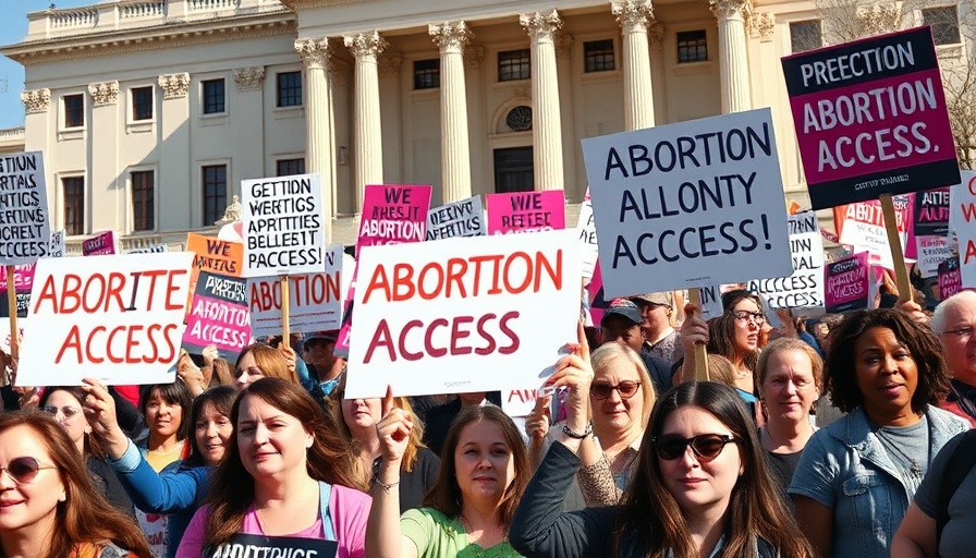 Activist crowd protests abortion access outside government building.