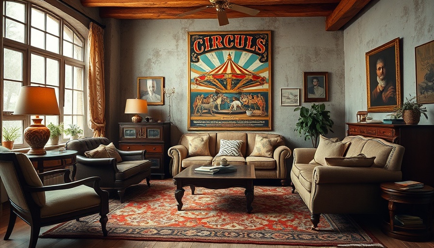Vintage living room with circus poster and elegant decor.