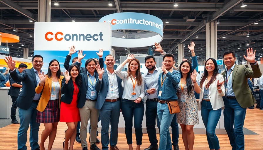 ConstructConnect team at World of Concrete 2025, waving enthusiastically.