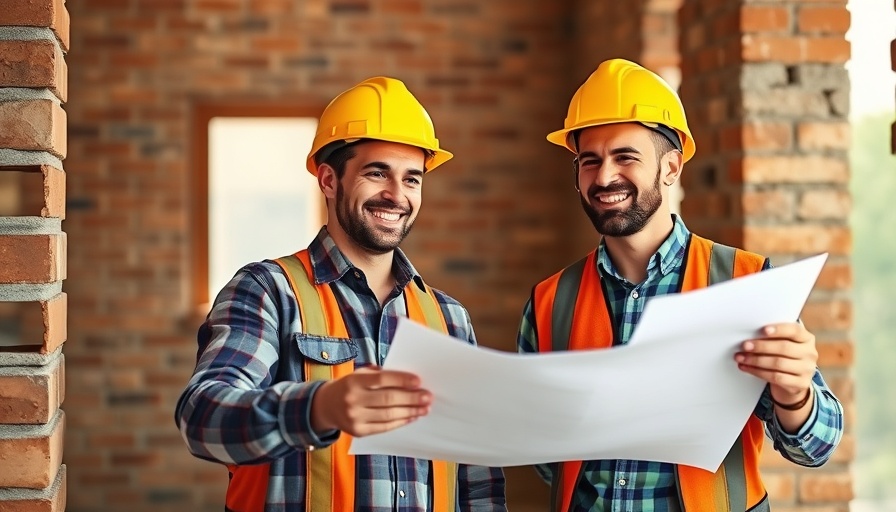 Construction workers reviewing plans, reducing risk in your commercial construction project.
