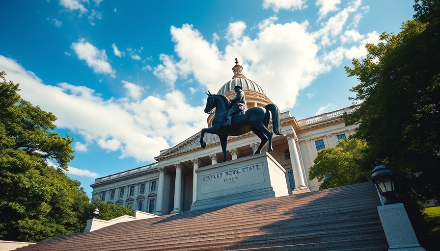 New York State Capitol and statue, clear sky, daytime.