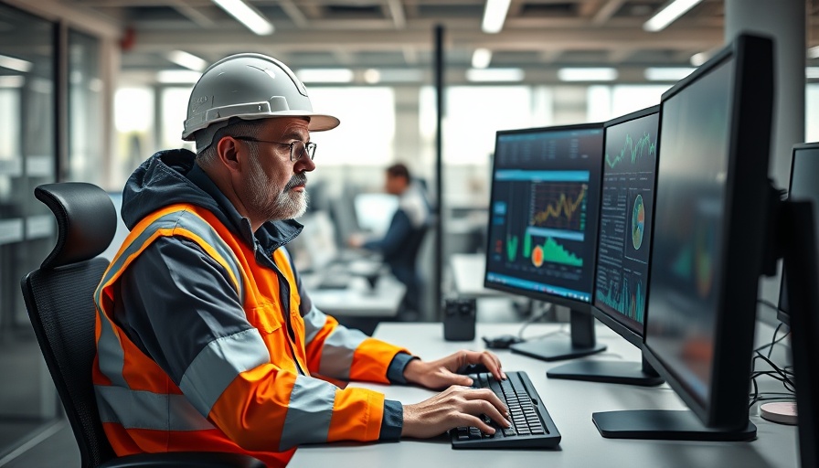 Stressed worker analyzing data on monitors in construction industry innovation.