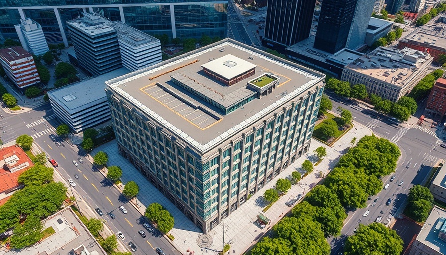 Aerial view of a modern building in urban landscape showcasing SPC Mechanical 60th anniversary plumbing HVAC.