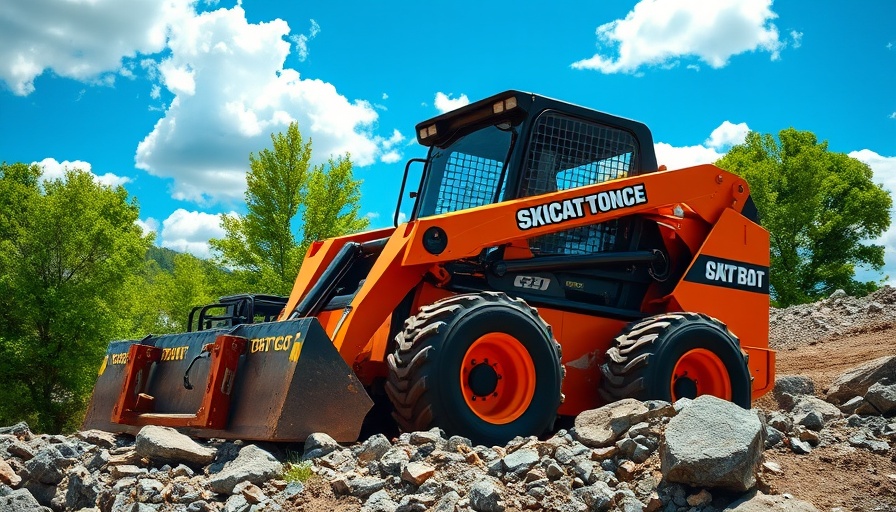 Rugged skid steer navigating rocky terrain with green trees.