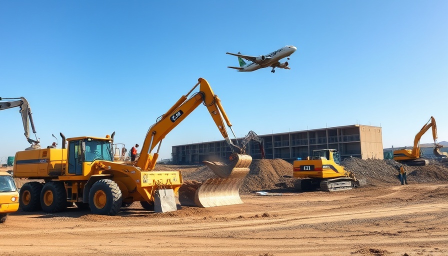 Dynamic Contractor in California construction site with heavy machinery and airplane.