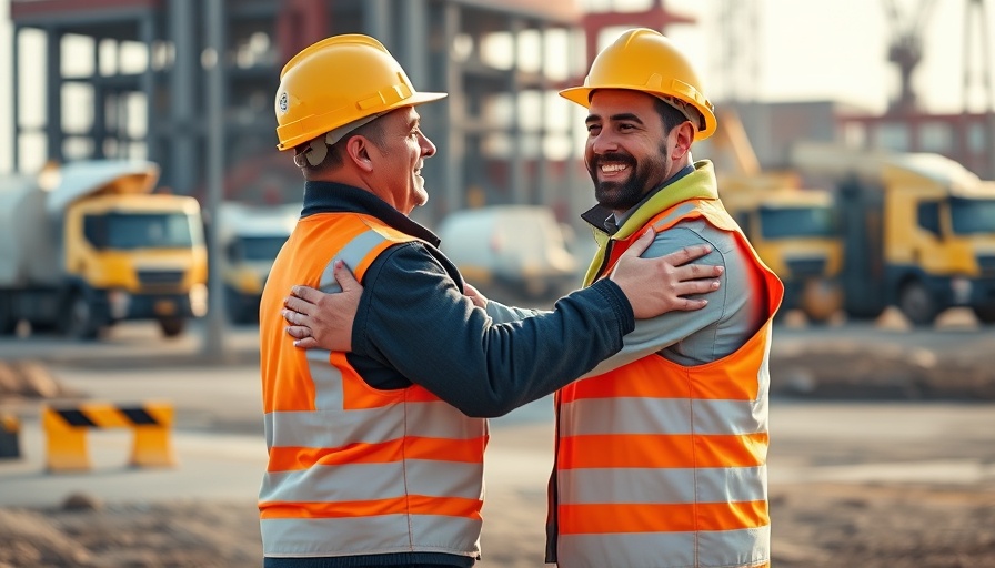 Construction workers hugging, symbolizing client relationships in construction growth.