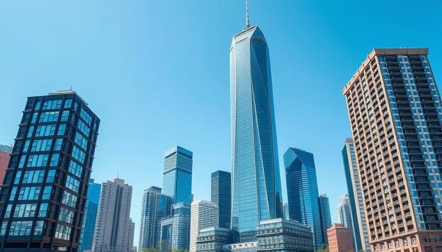Skyscraper in cityscape with clear blue sky, acoustic underlay system.