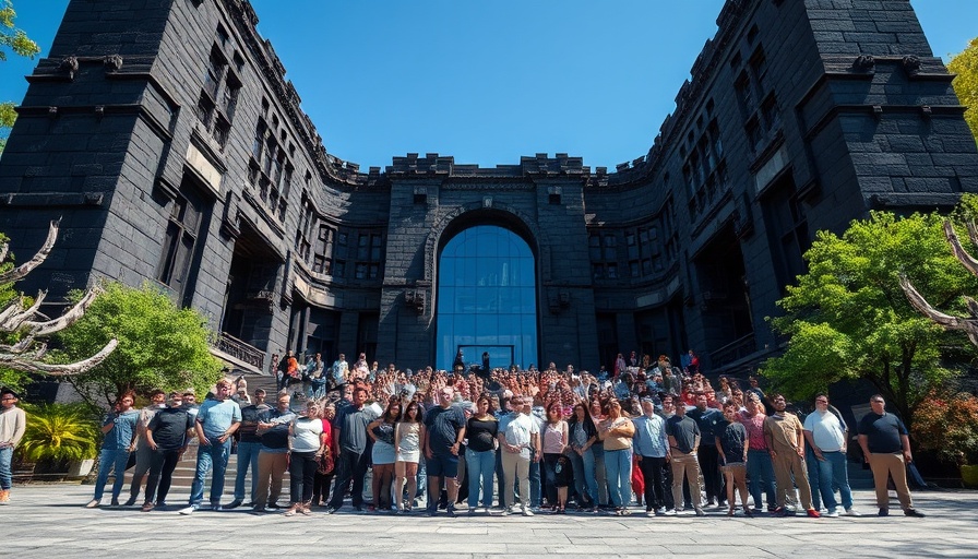 Group gathering outside a large stone building at 2025 TxA Design Conference.