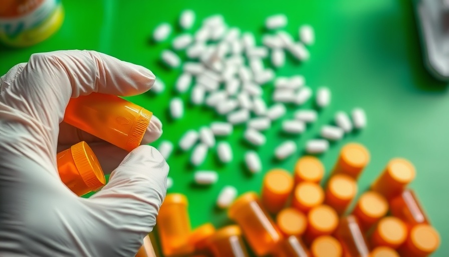 Pharmaceutical tariffs impact: gloved hands with pill bottles and pills.